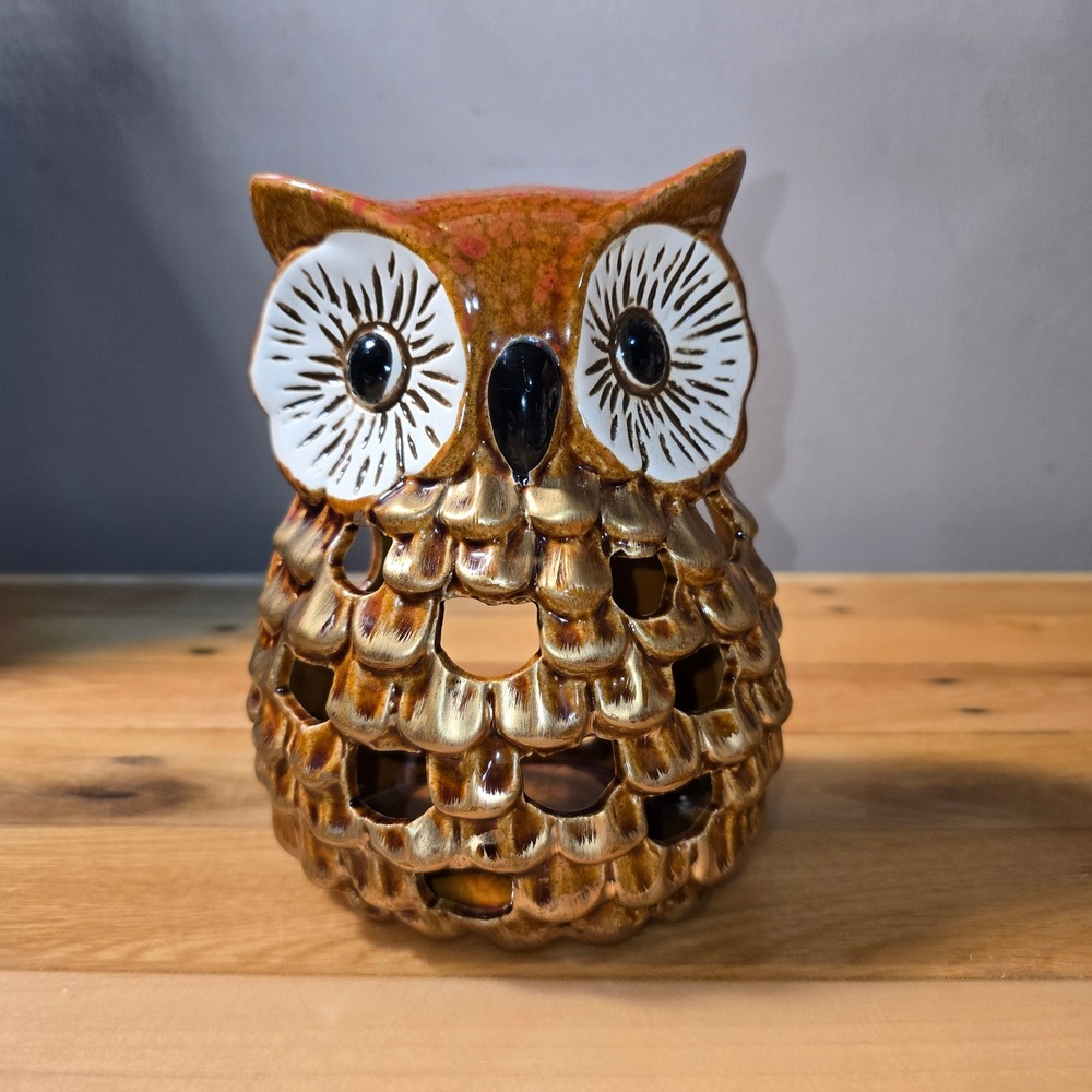 Hobby Lobby Ceramic Owl Candle Holder Brown Gold Reactive Glaze 6.9in HL9182185